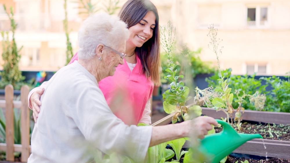 Caregiver helping elderly client with gardening